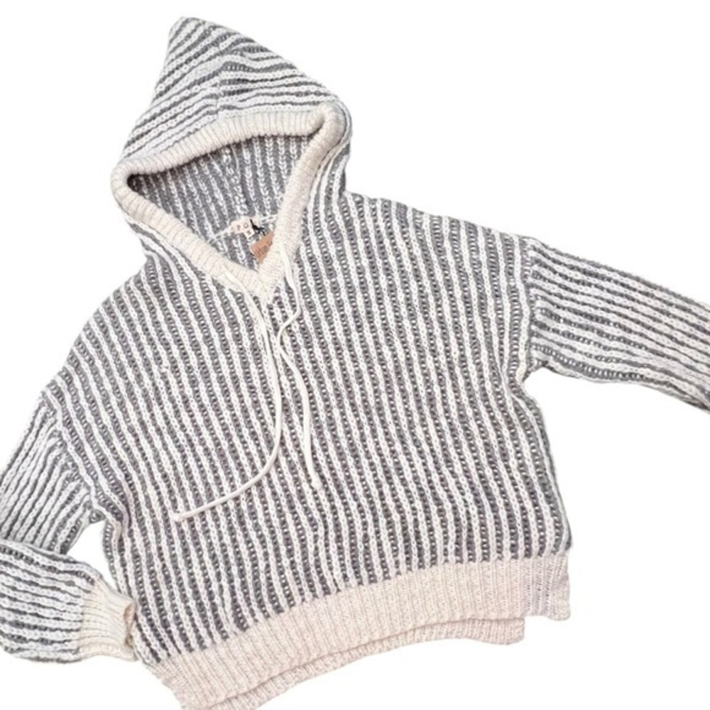 Lala Hoodie POL Thick Knit Wool Blend Sweater Drop Shoulder Small NWT Grey White - Picture 8 of 13